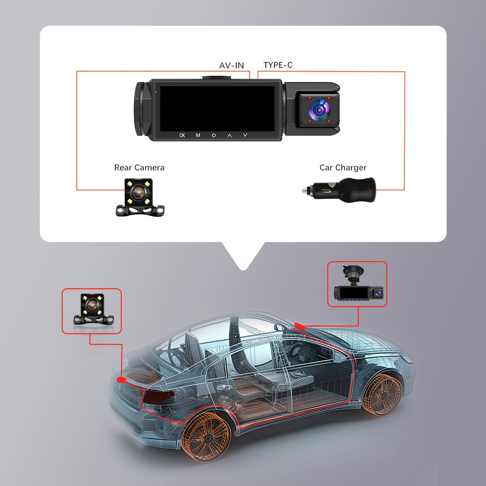 1080P Dash Cam with 3 Cameras Front Built-In Rear Infrared Night Vision 170° Wide-Angle Built-In Audio 32GB Card Connection to Smartphone Loop Recording G-Sensor 24 Parking Monitor