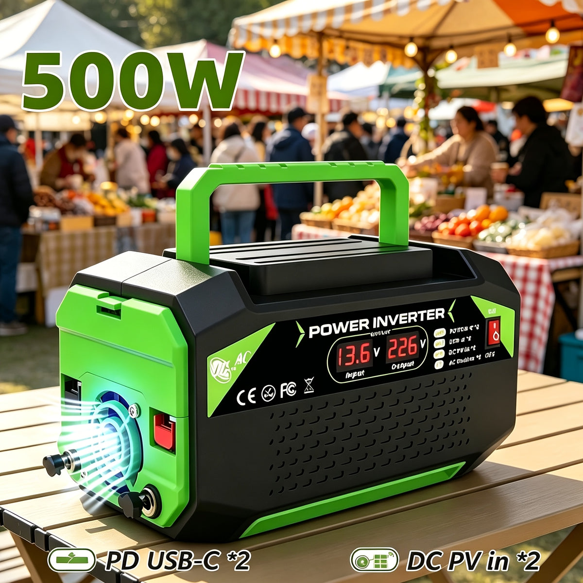 1000/500W Portable Power Inverter 12V DC to 110V AC Converter Featuring Stable Output And A Rugged, Durable Design Comes Without A Battery And Is Equipped with An LCD Display 2 Universal Outlets 2 USB Ports 2 Type-C Ports Home Outdoor RV Camping Use