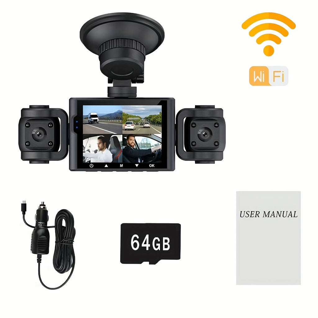 360° 3/4-Lens WIFI FHD 1080P Dash Cam for Cars, 1080P Front And 720P Left/Right/Rear Camera, Wide-Angle, Adjustable Lens, Audio, Loop Recording, G-Sensor, Enhanced Night Vision And Motion Detection - Free 64GB Memory Card for Extended Recording