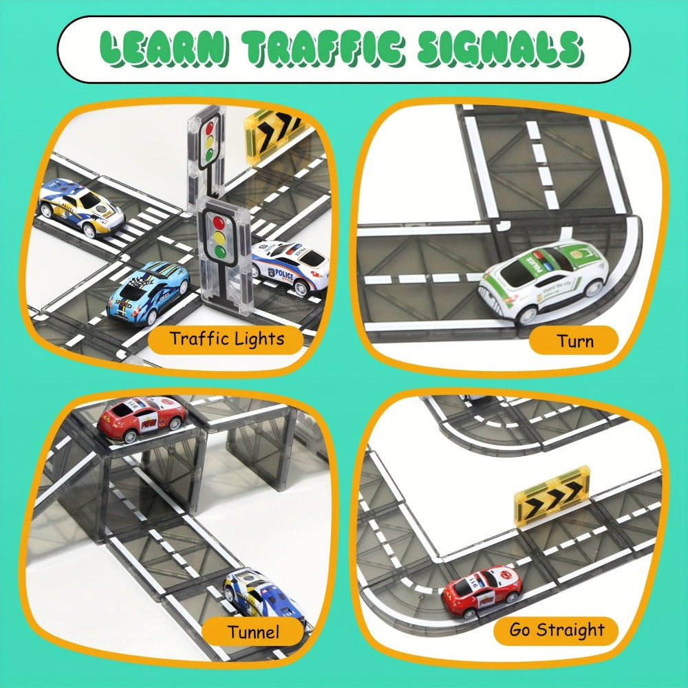 Magnetic Road Track Set 44 Pcs Kids Flexible Snap-Together Road Builder Tiles with Pull-Back Cars – STEM Construction Toy for Toddlers Boys Girls Ages 3+, Birthday Christmas Gift