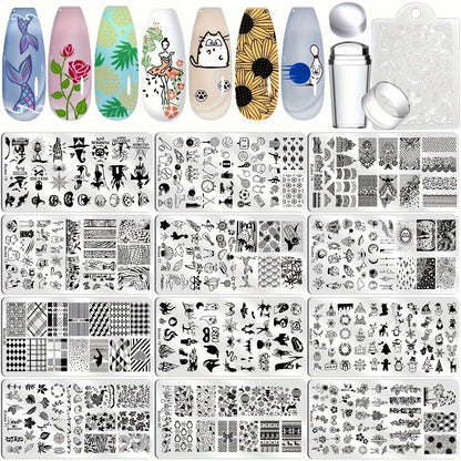 Nail Stamping Plates Set with Stamper & Scraper - Stainless Steel Nail Art Stamp Kit for Beginners & Pros, 14/15/26pcs Holiday Manicure Design Bundle, Christmas Birthday Gift
