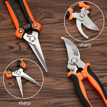 Gardening Pruning Tool Set 8 Piece Stainless Steel | Pruning Shears Scissors Pliers Ergonomic Handle with Wiping Cloth | Lawn Tree Garden Care Kit Orange Yellow Green