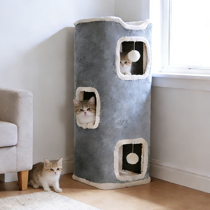 Cat Tree Tower Multi-Level Foldable - Indoor Cat House with Scratch Resistant Post, Soft Top Cat Bed, Cat Hideaway & Bell Ball Toy, 1 2 3 Layer Cat Climbing Tower for Kittens & Adult Cats, Gray