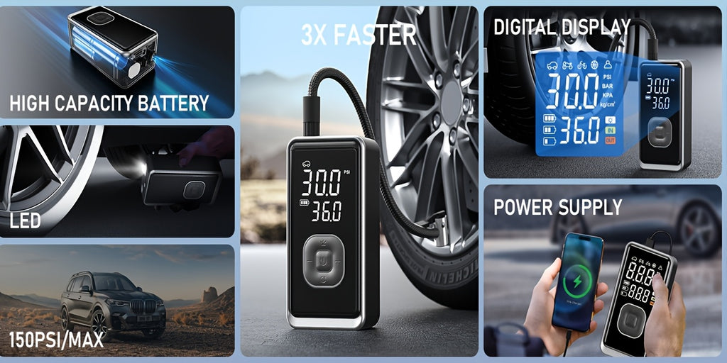 Portable Air Compressor | 150PSI Cordless Tire Inflator with Digital Pressure Gauge and LED Light, USB Charging, Quick Charge, Lithium Polymer Battery, for Car, Moto, Bicycle, Roadside Assistance and Emergency Support in All Terrains