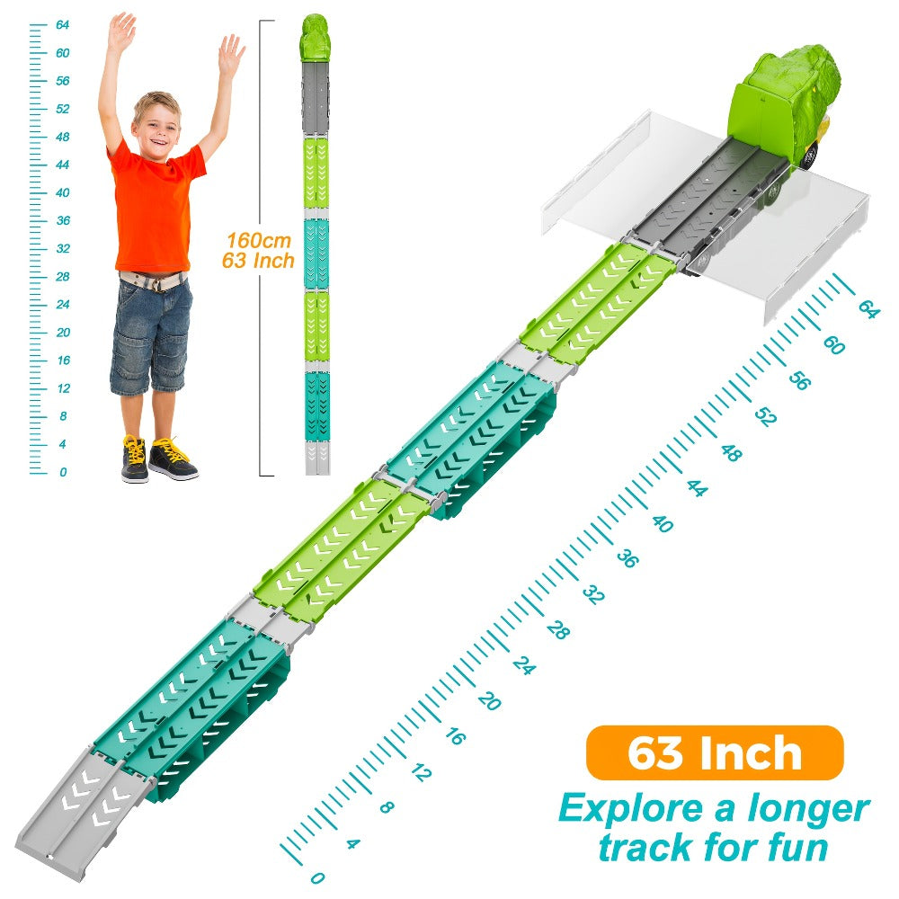 Dinosaur Truck Toys 13-in-1 Transport Carrier with 63-Inch Foldable Race Track | 6 Dino Cars + 6 Die-Cast Cars | 2-Player Racing Mode | Kids Birthday Christmas Gift