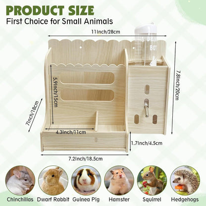 Hay Feeder Box for Rabbits & Guinea Pigs – Recycled Wood Multi-Compartment Dry Food Dispenser with Grass & Veggie Holders | Natural Wood Small Pet Feeding Station for Chinchillas & Small Animals