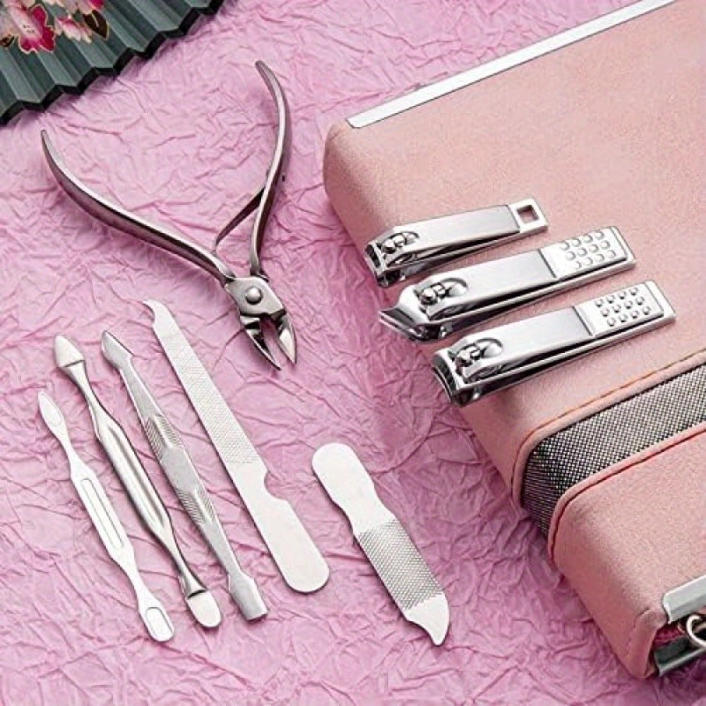 Manicure Pedicure Set 26pcs Pink Stainless Steel – Precision Nail Clippers Cuticle Nipper & Dead Skin Scissors 45° Blade Professional Grooming Kit for Women & Men, Elegant Gift Set Birthday Holiday
