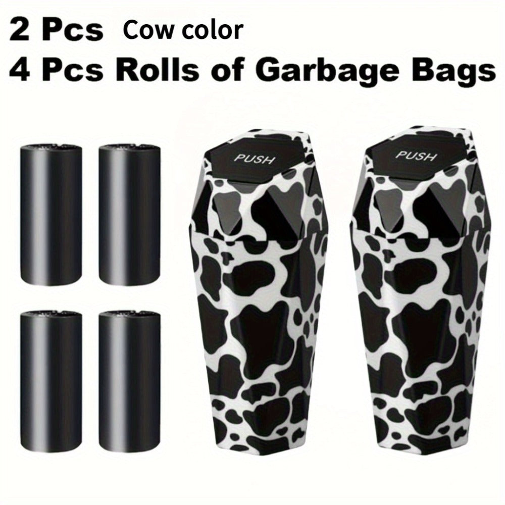 Car Trash Can with Trash Bags – Mini Diamond Design Car Bin Set, 2 Cans + 60 Bags (4 Rolls), One-Button Lid, Fits Cars Trucks SUVs – Car Interior Organizer