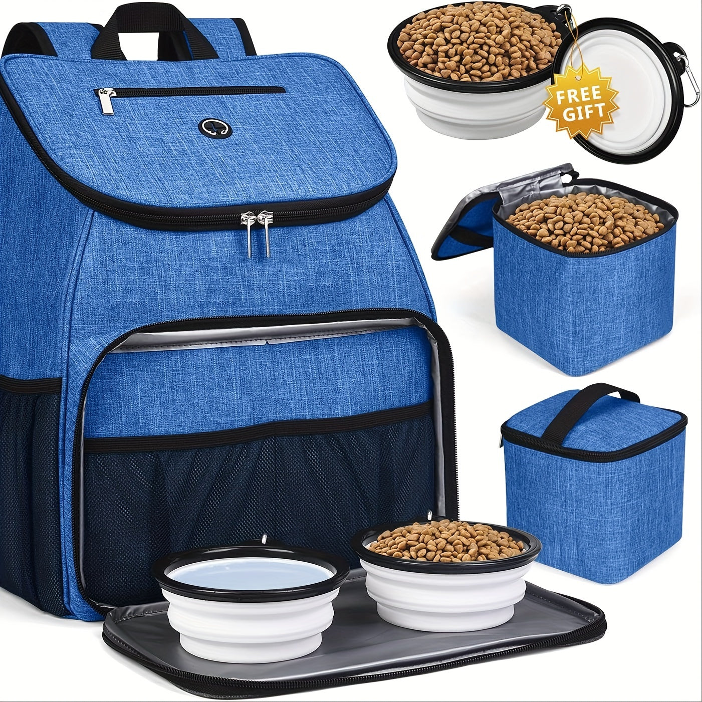 Pet Travel Backpack Double Layer Dog Cat Supplies Bag with 2 Collapsible Bowls 2 Food Baskets Portable Organizer for Outdoor Hiking Camping Road Trip