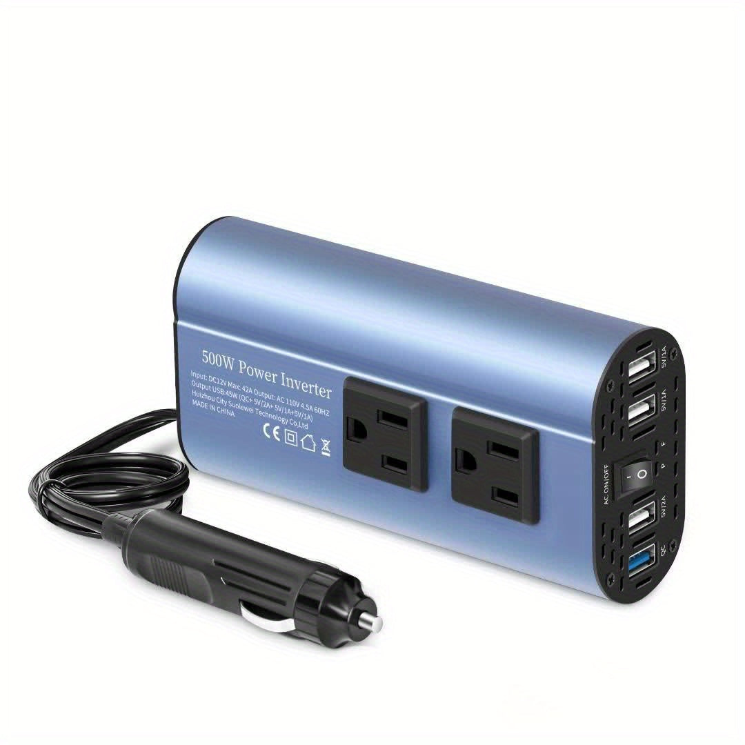 Halloween & Christmas Outdoor Portable Car Power Inverter Charger Converter 500W (Peak) Power Inverter Converts DC 12V to AC 110V with 4 USB Ports for Car Adapter Fast Charging for Cell Phones And Other Devices