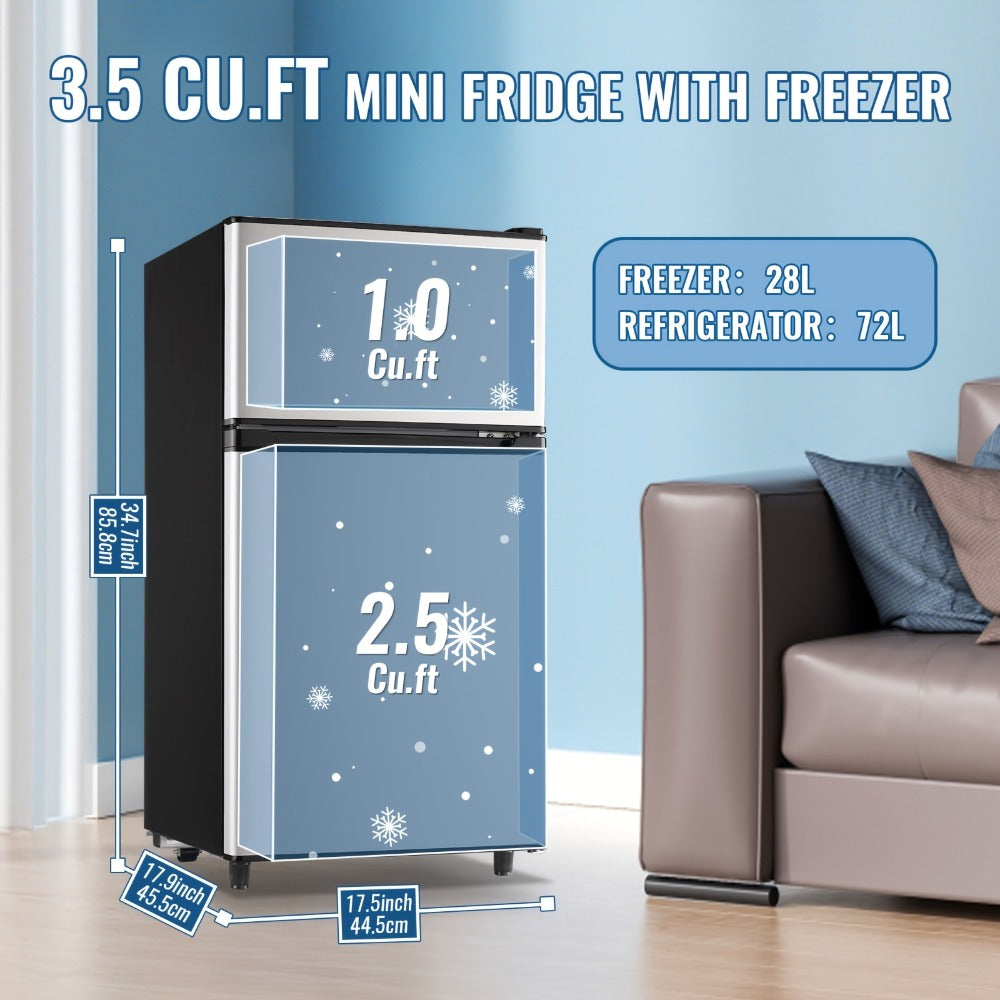 Small Fridge with Freezer, 2-Door Compact Refrigerator with 7-Level Adjustable Thermostat, Removable Shelves & Basket – 2.5 or 3.5 Cu Ft Silver Mini Fridge for Dorm, Office, RV and Bedroom