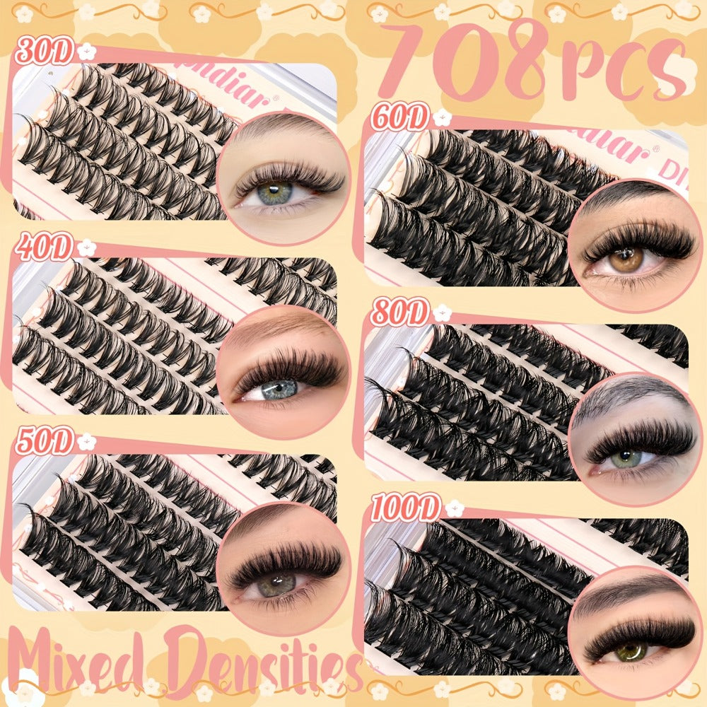 708Pcs Mixed Density Lash Clusters Kit 8-16mm 30D-100D Mega Volume with Glue Tweezers & Brush – Soft Reusable DIY Cluster Lashes for Natural to Dramatic Salon-Style Eye Makeup at Home