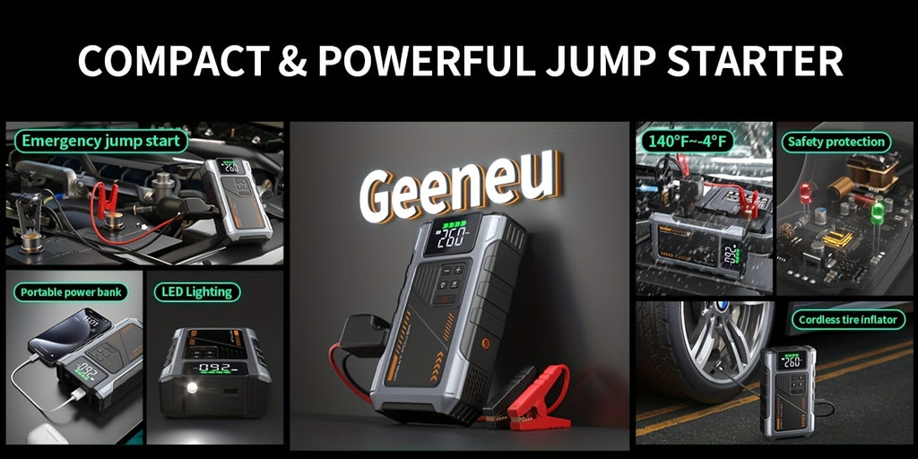 9-in-1 Portable Jump Starter with Air Compressor, 12V Car Battery Jump Starter, Portable Car Battery Charger, Fits 2.11gal Gas/ 1.72gal Diesel Fast Car Starting, USB Input & Output, LED Emergency Light, Auto Accessory Tool, Christmas Gift