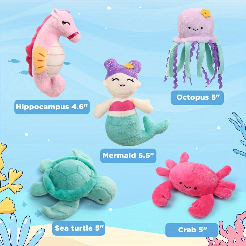 Ocean Stuffed Animal Set 5 Piece — Mermaid Turtle Octopus Seahorse Crab Sea Creature Plush Toys with Pink Shell Carrying Bag for Kids Toddlers Girls Boys | Birthday Christmas Baby Shower Gift