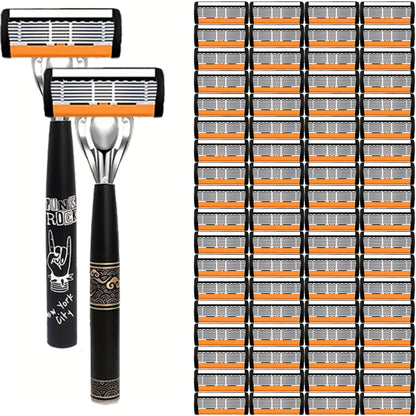 Safety Razor Kit 2 Handles 72 Double Edge Replacement Blades - Classic Wet Shaving Razor Set with Non-Slip Ergonomic Grip for Close Clean Shave Men Face Neck Head Body Grooming