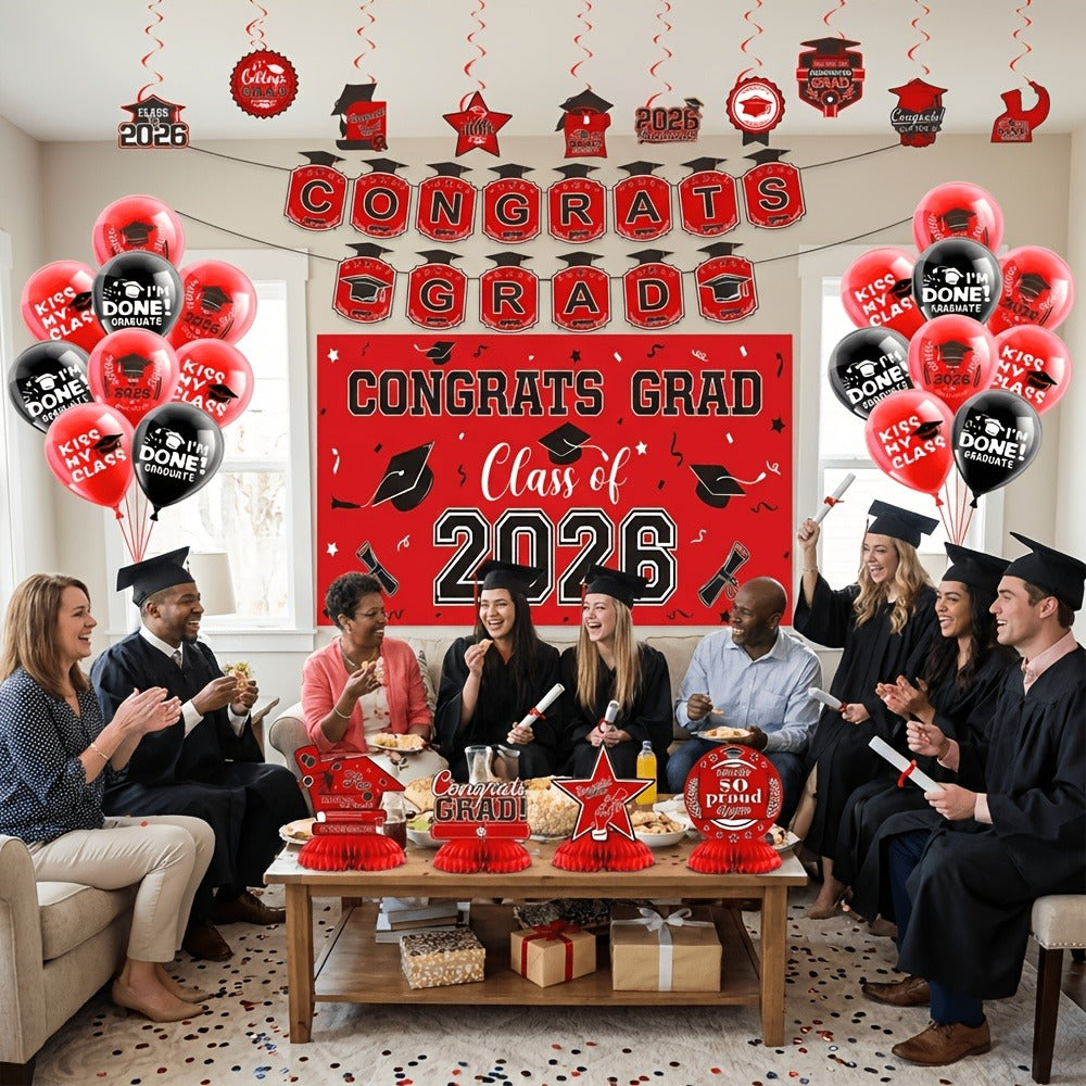 Class of 2026 Graduation Party Decorations – Complete Set with Backdrop Banner Hanging Swirls Balloons & Honeycomb Supplies, 6 Color Options Purple Maroon Blue Red Green Gold