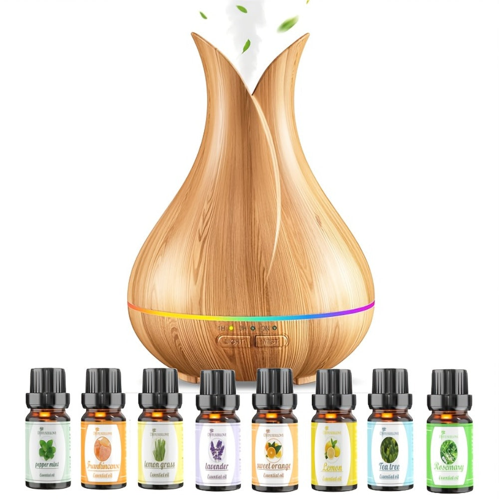 Large Capacity Aroma Diffuser 13.53oz – Includes 8 Essential Oils, Multi-Color LED Lights & 3 Timer Settings, Ultra-Quiet Essential Oil Diffuser for Home, Bedroom, Office & Living Room