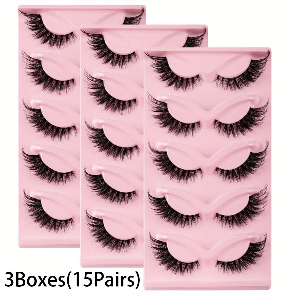 15 Pairs Cat Eye Strip Lashes — Natural Long Manga Wispy False Eyelashes with Winged Tips, 3 Boxes Elongated Dramatic Eye Look for Women, Party Date Night Everyday Wear & Cosplay