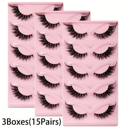 15 Pairs Cat Eye Strip Lashes — Natural Long Manga Wispy False Eyelashes with Winged Tips, 3 Boxes Elongated Dramatic Eye Look for Women, Party Date Night Everyday Wear & Cosplay
