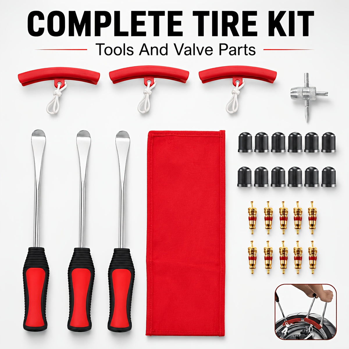 29/24/12pcs Tire Changing And Valve Service Tool Kit with Tire Lever Tools, Valve Caps, Valve Cores, 4-Way Valve Tool, And Storage Pouch for Garage Tire Maintenance And Vehicle Care