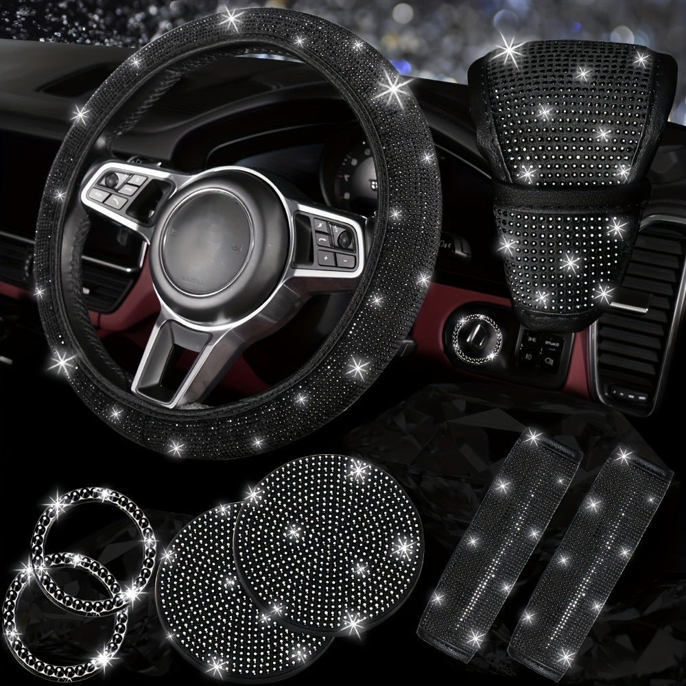 Rhinestone Car Accessories Set for Women 8 Pcs – Bling Steering Wheel Cover Cup Coasters Seat Belt Pads Shift Knob Cover Starter Rings – Multicolor Pink Purple