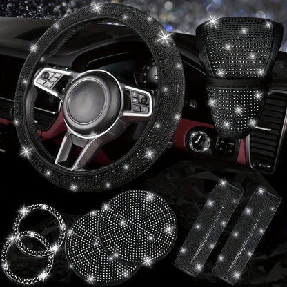 Rhinestone Car Accessories Set for Women 8 Pcs – Bling Steering Wheel Cover Cup Coasters Seat Belt Pads Shift Knob Cover Starter Rings – Multicolor Pink Purple