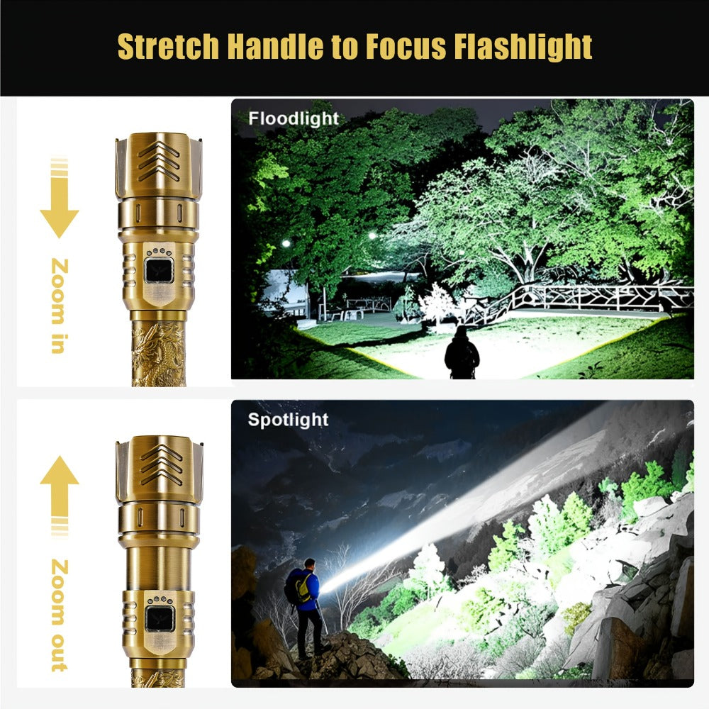 Tactical LED Flashlight 5000mAh Rechargeable Zoomable with Ignition Lens – 4 Modes High Brightness Golden Dragon Pattern Spotlight for Camping Outdoor Hiking Emergency Household Use