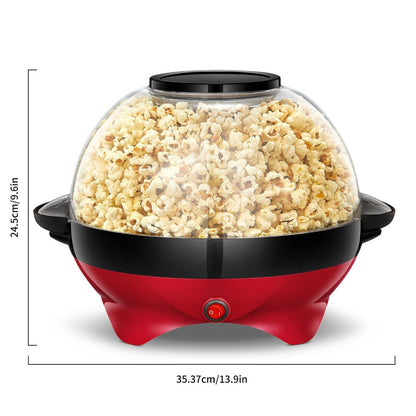 Popcorn Machine 800W Electric Stirring Popcorn Maker – 6-Quart Non-Stick Plate, Quick-Heat Technology, Cool-Touch Handles, 2-in-1 Lid & Bowl for Home Movie Night
