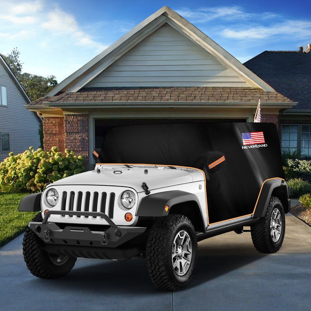 Jeep Wrangler Half Car Cover Waterproof 210D Oxford Fabric – Reflective Strip Windproof Straps for JK JL JKU JLU 2-Door & 4-Door 2007–2024