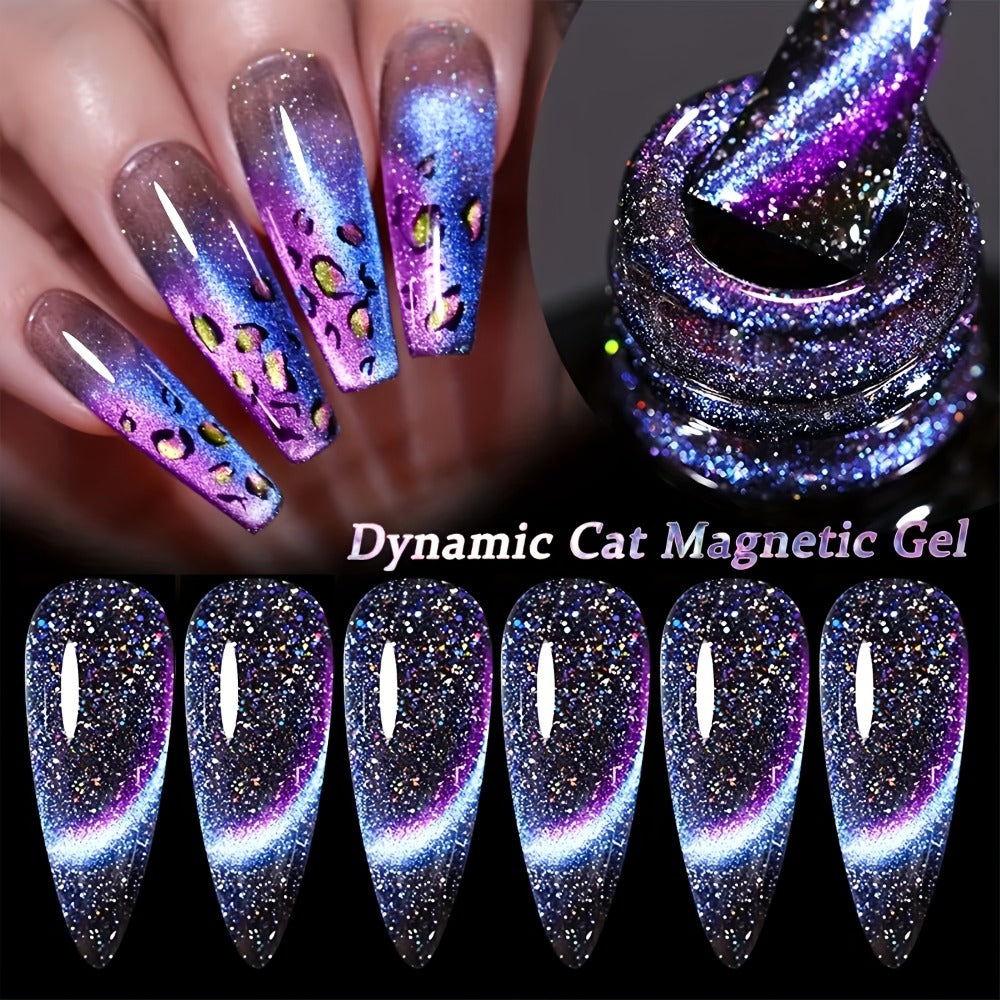Magnetic Cat Eye Gel Nail Polish 9D Holographic Rainbow Glitter Blue & Purple — LED UV Soak-Off Gel Polish Paraben-Free Water-Based Formula, Salon & DIY Home Manicure Nail Art Gift for Women (0.34oz / 10ml)