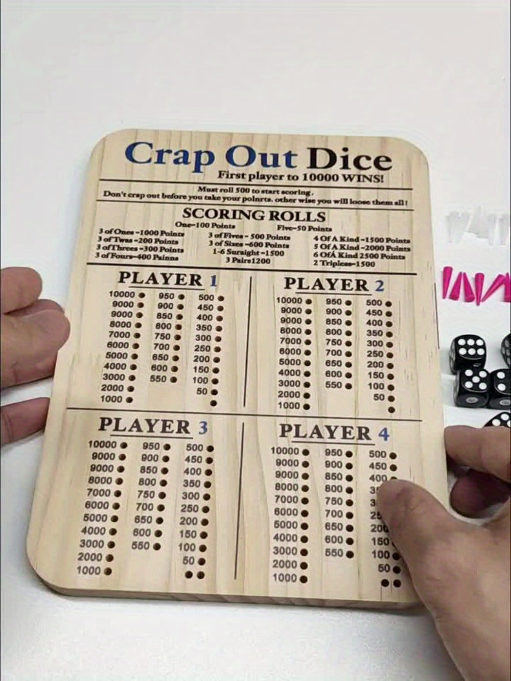 Crap Out Dice Score Board Game 2pcs – 10 Inch Wooden Dice Scoreboard with 6 Dice & 12 Scoring Pegs, Fun Family Dice Game for 1-4 Players, Party Game Night & Gatherings