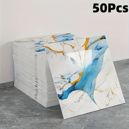 Peel and Stick Wall Tile Stickers Marble Pattern Self-Adhesive Waterproof Glossy Wallpaper 50/100Pcs for Kitchen Bathroom Living Room Home Decor