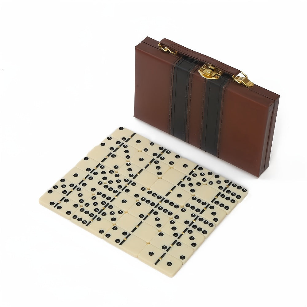 Domino Set 28 Tiles Classic Black with Leather Case – Durable Plastic Dominoes Portable Storage Box for Family Games Party Group Play, Holiday Christmas Thanksgiving Gift