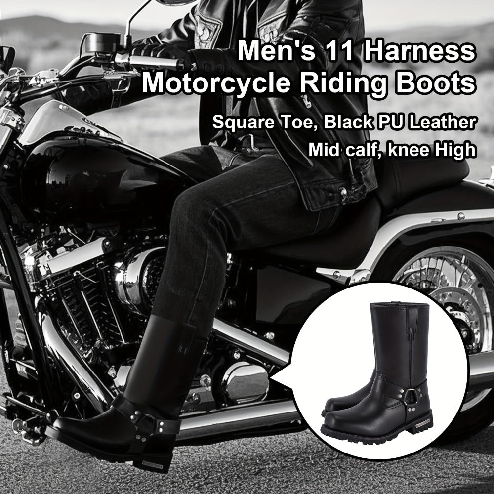 Men's Motorcycle Boots 11" Harness – PU Leather Non-Slip Square Toe Mid-Calf Biker Boots, Abrasion Resistant All-Season Riding Boots, Sizes US 8 to US 14, Black