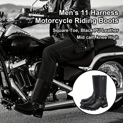 Men's Motorcycle Boots 11" Harness – PU Leather Non-Slip Square Toe Mid-Calf Biker Boots, Abrasion Resistant All-Season Riding Boots, Sizes US 8 to US 14, Black