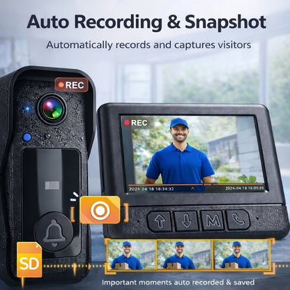WiFi Video Doorbell with 4.3 Inch Indoor Monitor | Waterproof Night Vision Two-Way Audio Rechargeable Battery | Auto Photo Video Recording Senior Friendly Real-Time Monitoring