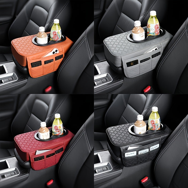 Universal Car Armrest Box Cover, PU Leather Center Console Mat with 2 Side Pockets + 2 Cup Holders, Multi-Functional Storage for Phone/Water Bottle/Cards, Fits Most Car Models, Tissue Box Replacement 3pcs Set-1