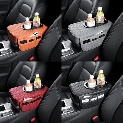 [PU Leather Console Mat] Universal Car Armrest Box Cover, PU Leather Center Console Mat With 2 Side Pockets + 2 Cup Holders, Multi-Functional Storage For Phone/Water Bottle/Cards, Fits Most Car Models, Tissue Box Replacement 3pcs Set-1