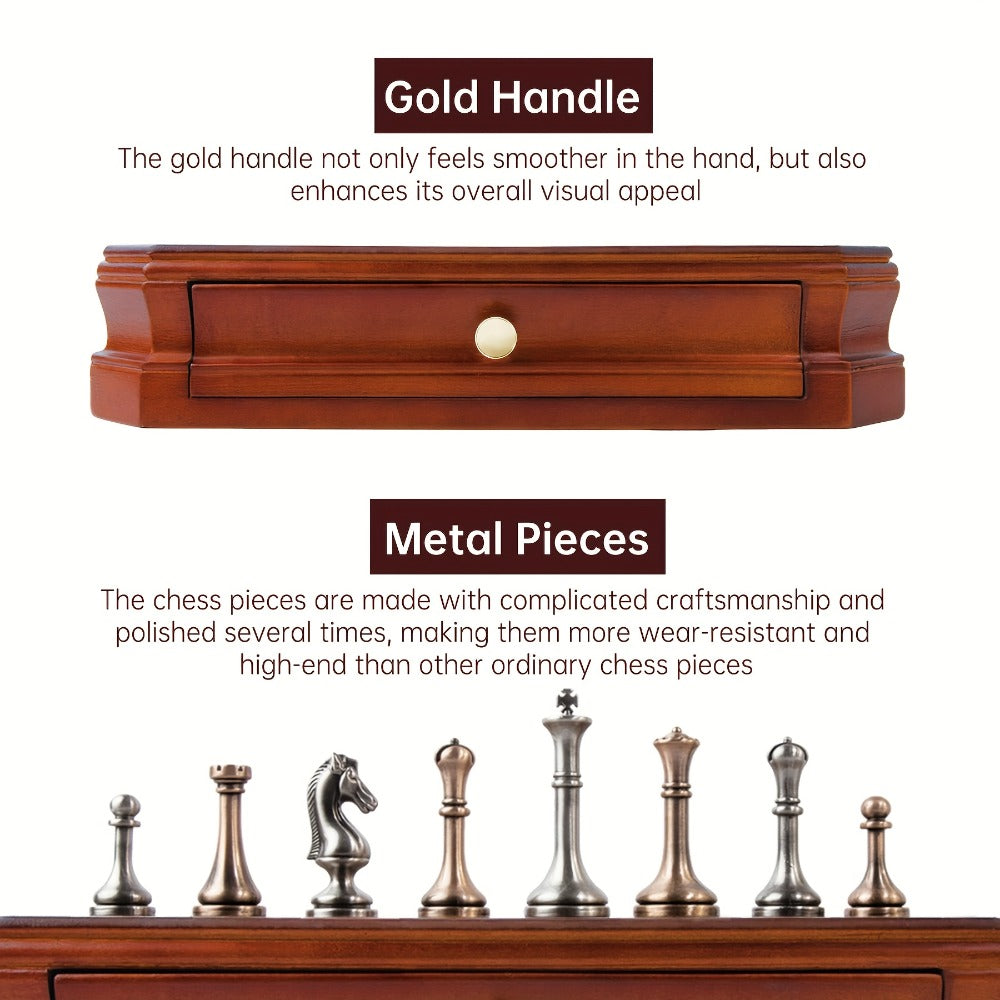 Wooden Chess Set with Metal Pieces & Storage Drawers 12 Inch – 2.5" Kings 2 Extra Queens Vintage Mahogany Board for Adults Beginners, Premium Strategy Game Gift