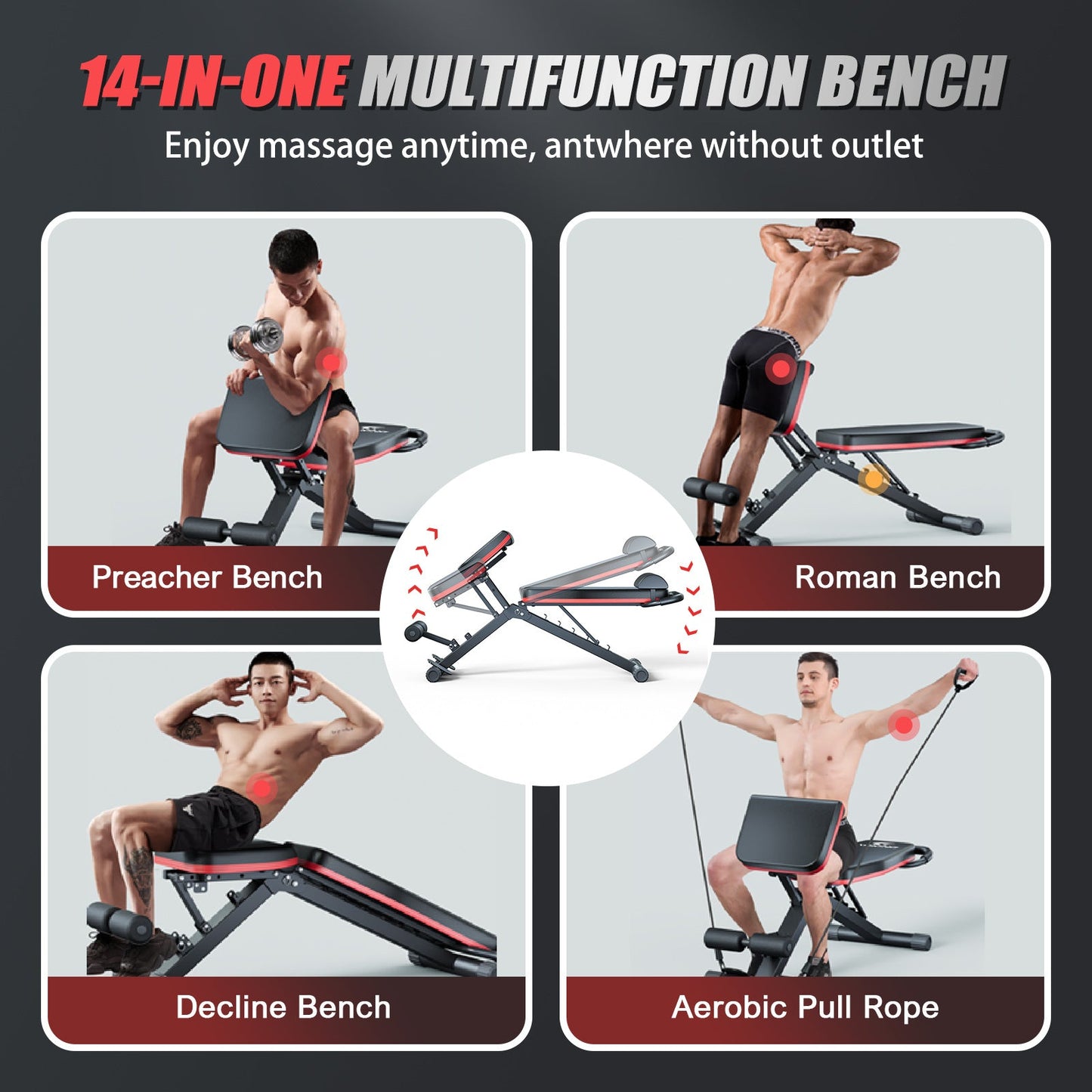 Adjustable Weight Bench 14-in-1 Foldable – 1000 lbs Capacity, 6 Incline Levels, Incline Decline Flat for Home Gym Full Body Workout
