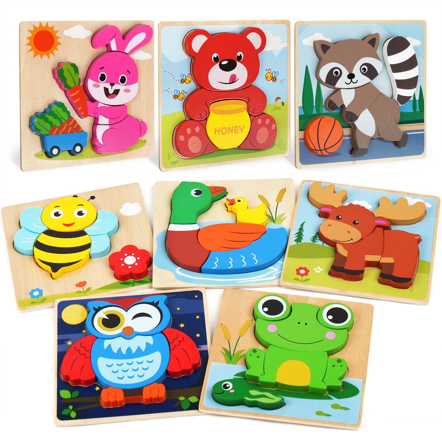 Wooden Animal Puzzles for Toddlers 8-Pack – Colors & Shapes Cognition Learning Toy for Kids Ages 1 2 3, Montessori Educational Preschool Gift, Baby Infant Thinking Training Toy, Christmas Birthday Baby Shower