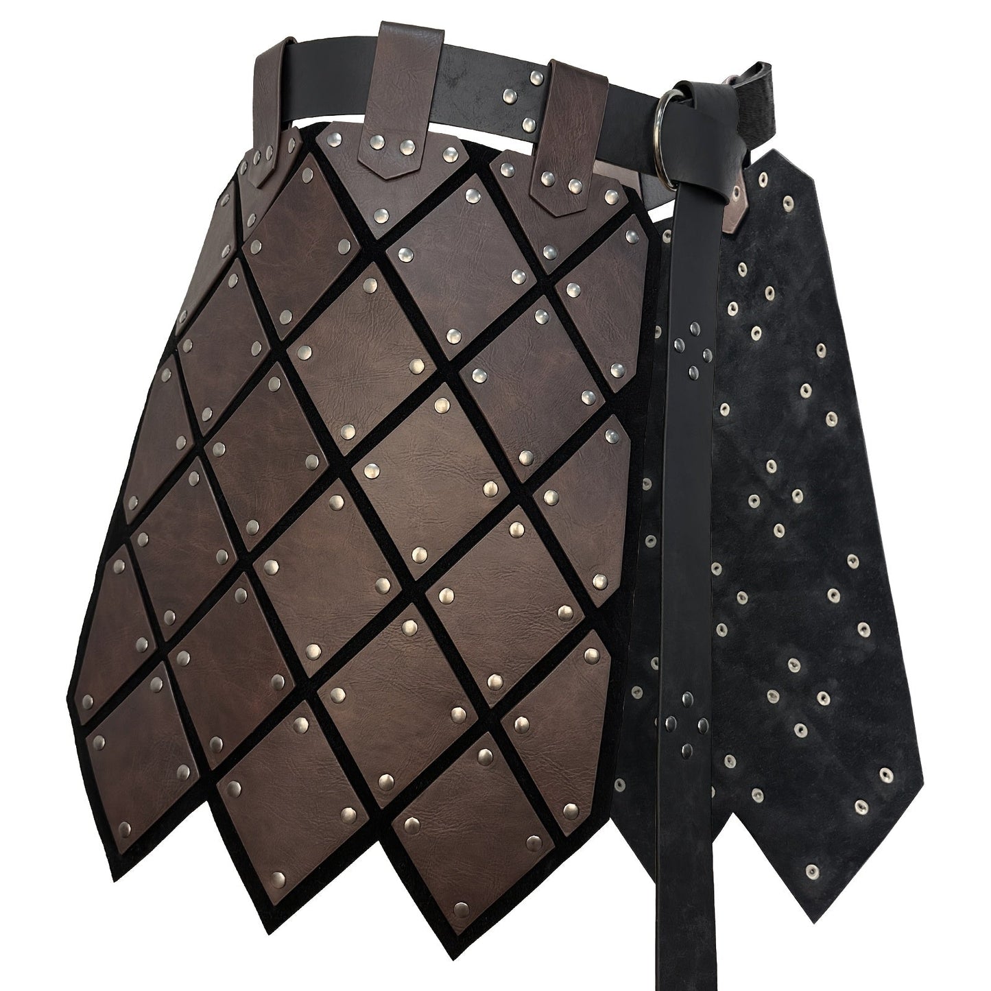 Medieval Armor Skirt Faux Leather with Geometric Plates & Metal Studs – Viking BC Style Retro Cosplay Costume for Halloween, Renaissance Faire, LARP & Festivals, Khaki Dark Brown Black, Gift for Men Women