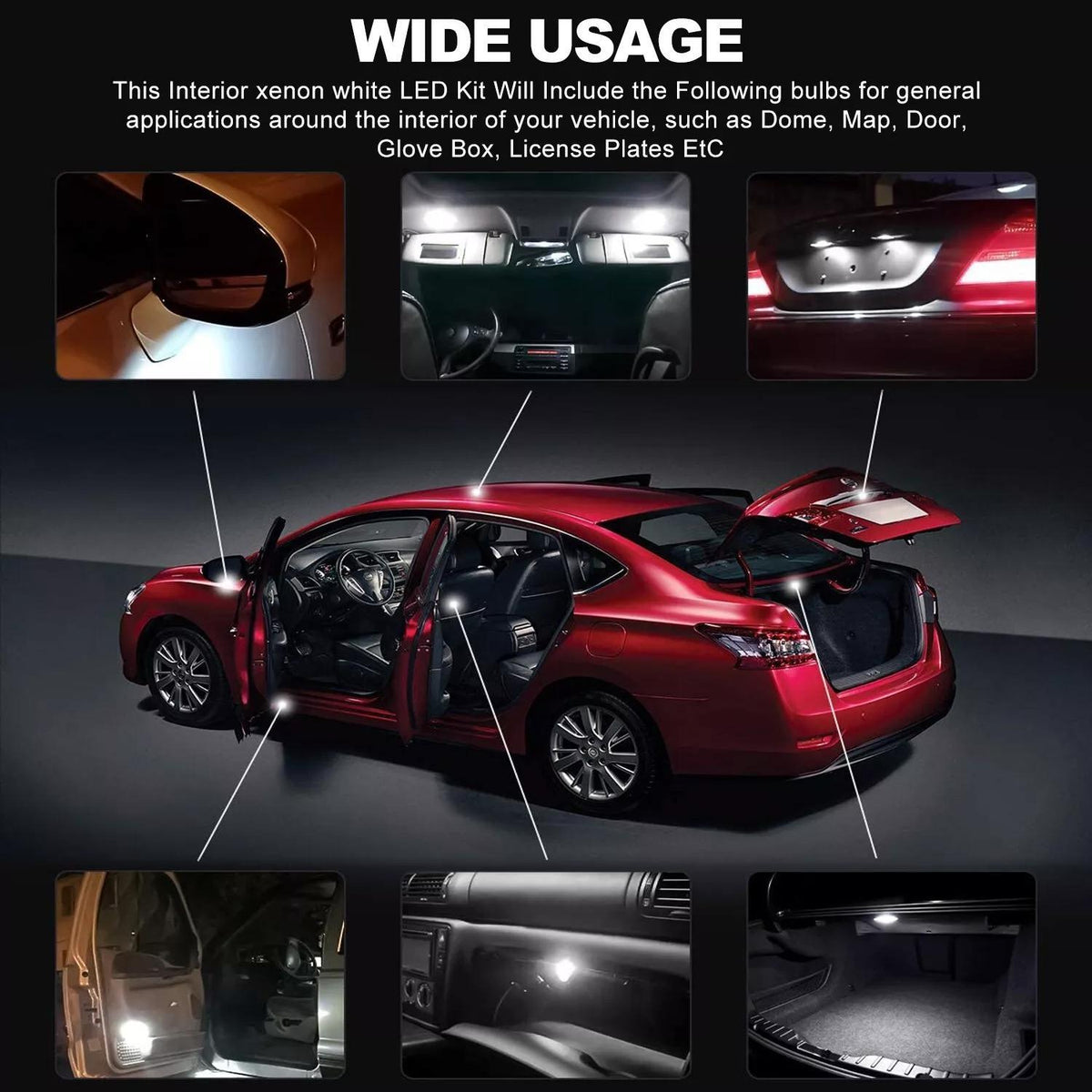 56PCS Car LED Combination Set 12V-T10 Width Indicator Dual Pointed Reading Light, Car Interior Combination LED Map Dome Luggage License Plate Indoor Light Bulb