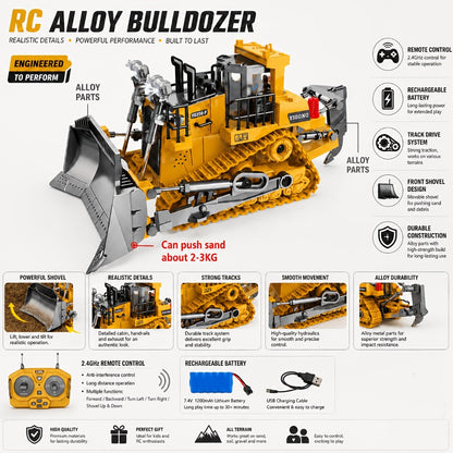 RC Bulldozer 9-Channel 2.4GHz Remote Control – Multifunctional Engineering Vehicle Toy with Alloy Metal Cover | Indoor Outdoor RC Construction Toy, Birthday & Christmas Gift for Boys Ages 6+