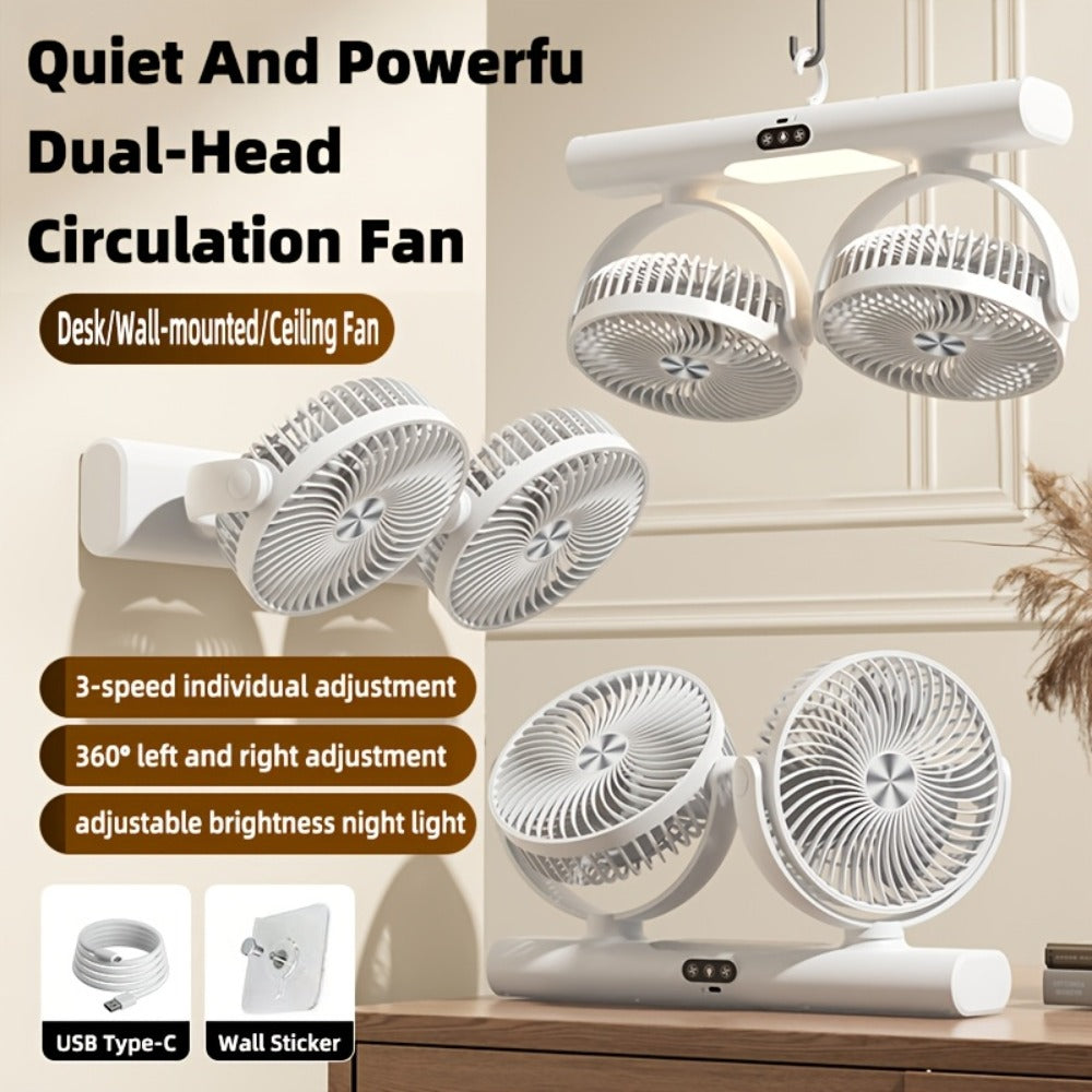 Double Head Air Circulation Fan USB Rechargeable | Desktop & Wall-Mounted 3-Speed Dual-Head Fan with Atmosphere Night Light, Multi-Angle Airflow for Camping, Home & Office – Grey & White