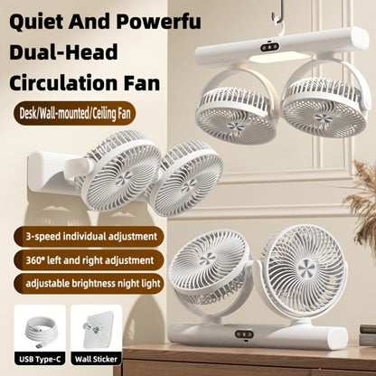 Double Head Air Circulation Fan USB Rechargeable | Desktop & Wall-Mounted 3-Speed Dual-Head Fan with Atmosphere Night Light, Multi-Angle Airflow for Camping, Home & Office – Grey & White