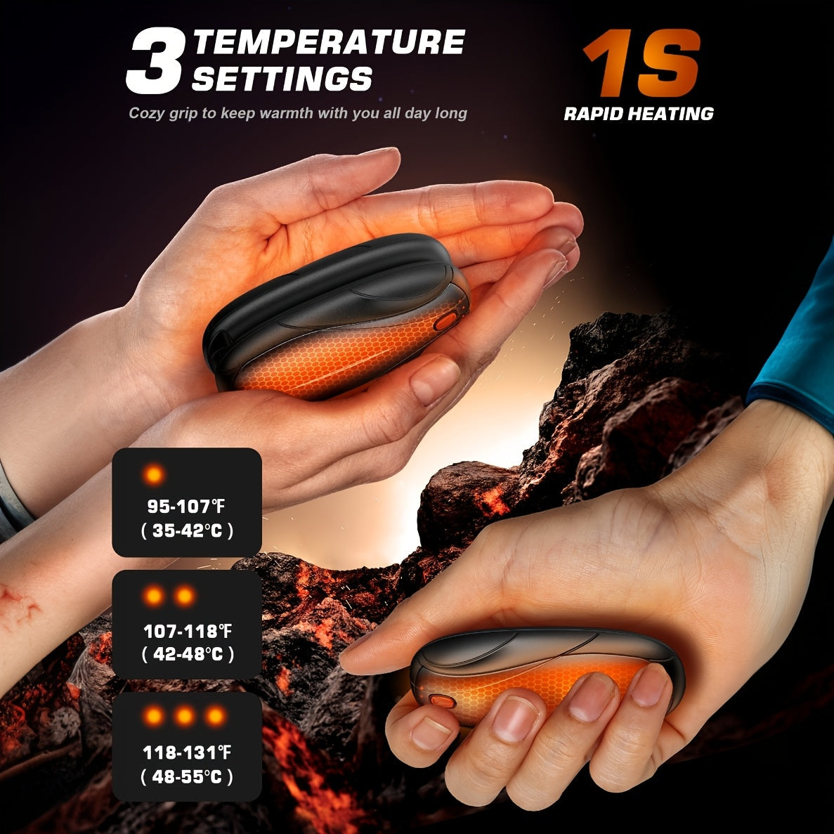 Rechargeable Hand Warmers 2 Pack with Charging Case - Electric Portable Pocket Heater, Quick Charge, Reusable Heat Packs for Winter Outdoor Camping Hunting, Christmas Gift for Men & Women, Black Orange Pink