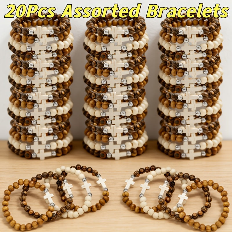 Cross Bracelets Bulk for Baptism Party Favors – 20/40PCS Vintage Ethnic Alloy Cross Pendant Woven Elastic Bracelets, Assorted Colors Christian Religious Jewelry Gifts for Kids Adults