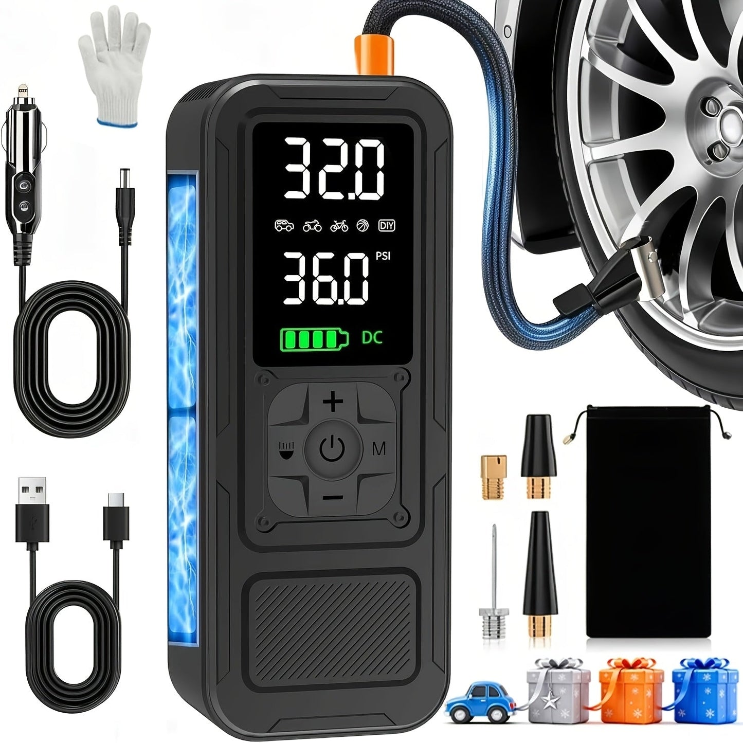 Cordless Tire Inflator Portable Air Compressor – 160PSI 5X Faster Inflation, Digital Pressure Gauge & LED Light, Wireless Air Pump for Car, Motorcycle, Bike & Ball, Compact Auto Tire Pump
