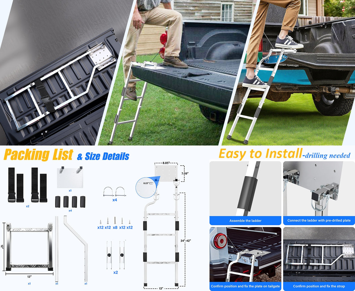 1pc Pickup Truck Tailgate Ladder - Universal Fit, Stainless Steel Self Drilling Hex Screws for Easy Install, Durable Aluminum Step Grip Plates, and Sturdy Rubber Ladder Feet, Vehicle Access, Offroad Accessory, Heavyduty Design, Reinforced Steps